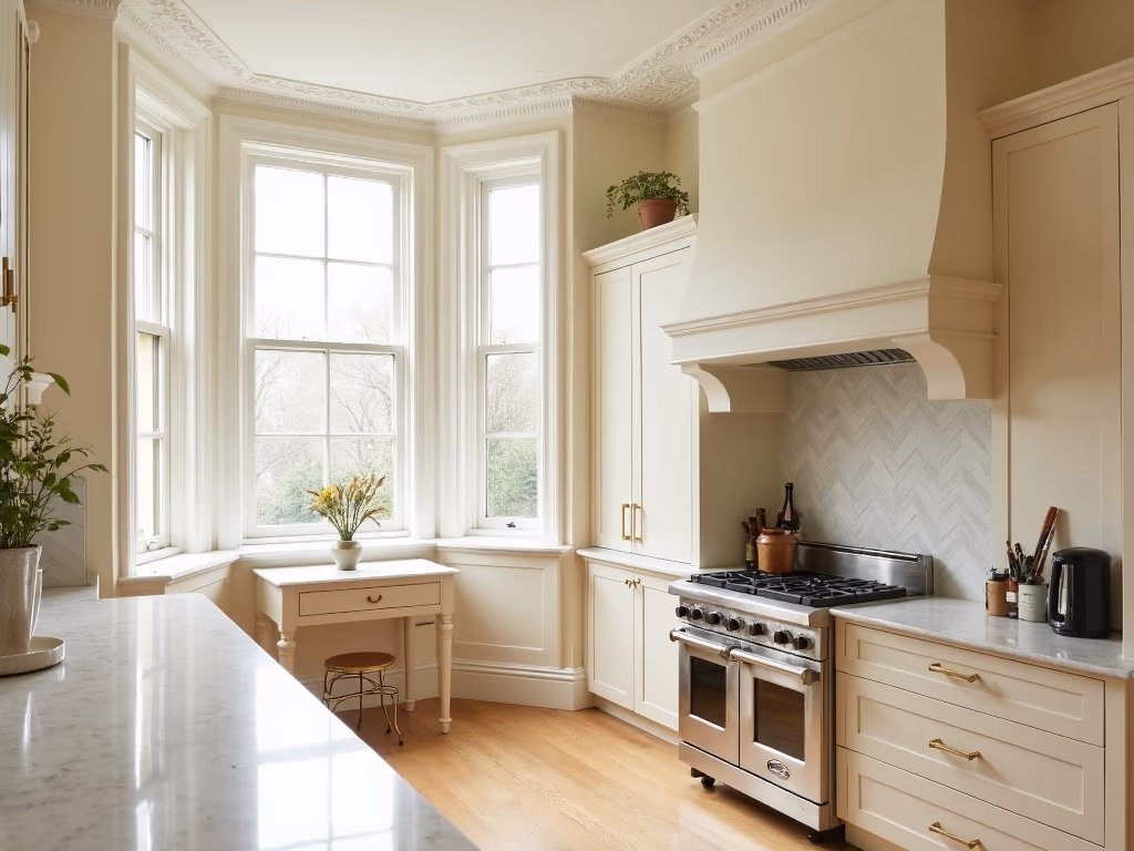 Listed Georgian townhouse kitchen interior, Stockbridge Edinburgh — brass and marble renovation by Halcyon Studio